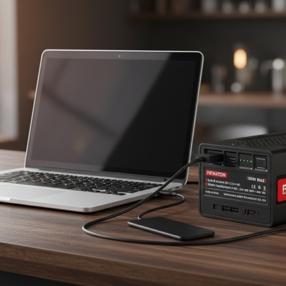 PDnation Pro charging a MacBook Pro via USB-C on a cafe desk